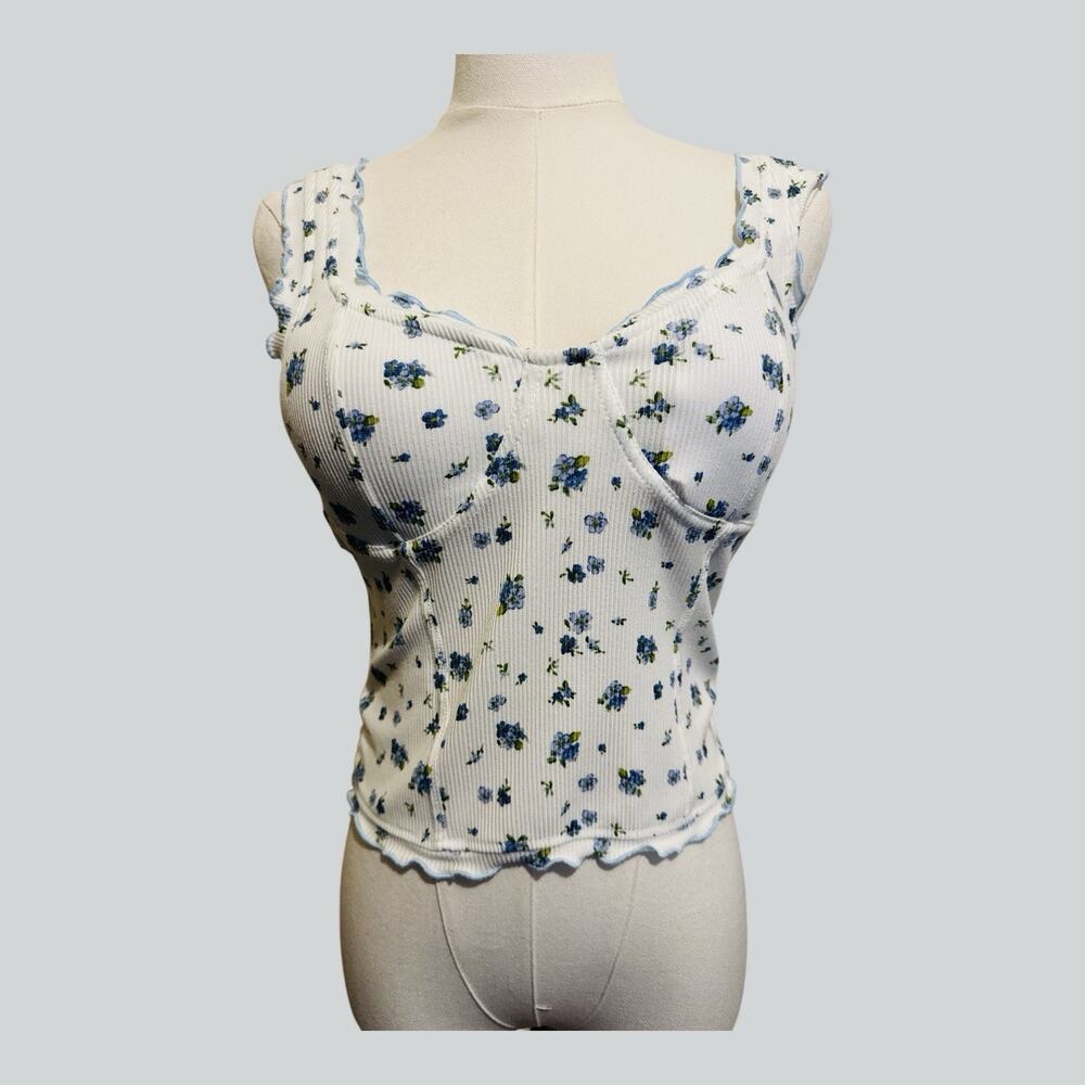 Madden Girl Ruffle Trim Ribbed Blue Floral Fairy Cottagecore Bustier Tank Top‎ S